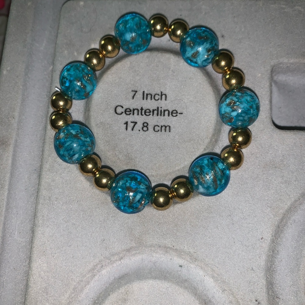 Turquoise Glass Bead Stretch Bracelet with Gold Beads